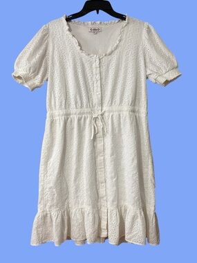 Nanette Lepore White Eyelet Cotton Dress Size 14 Boho Cottagecore Puff Sleeve